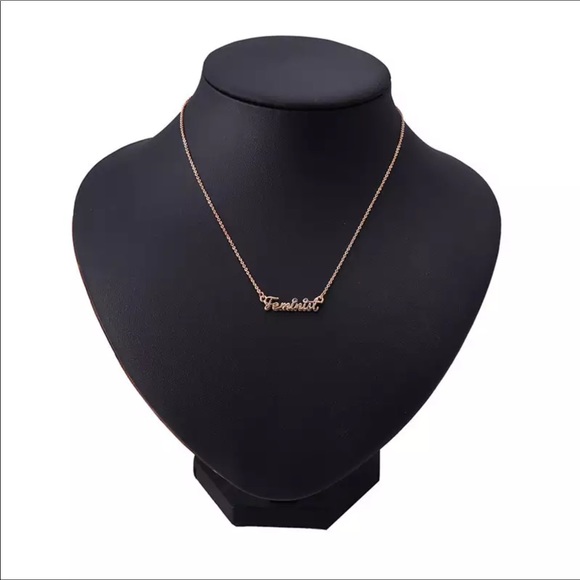 Small Gold tone w Rhinestones Feminist Necklace - Picture 4 of 8